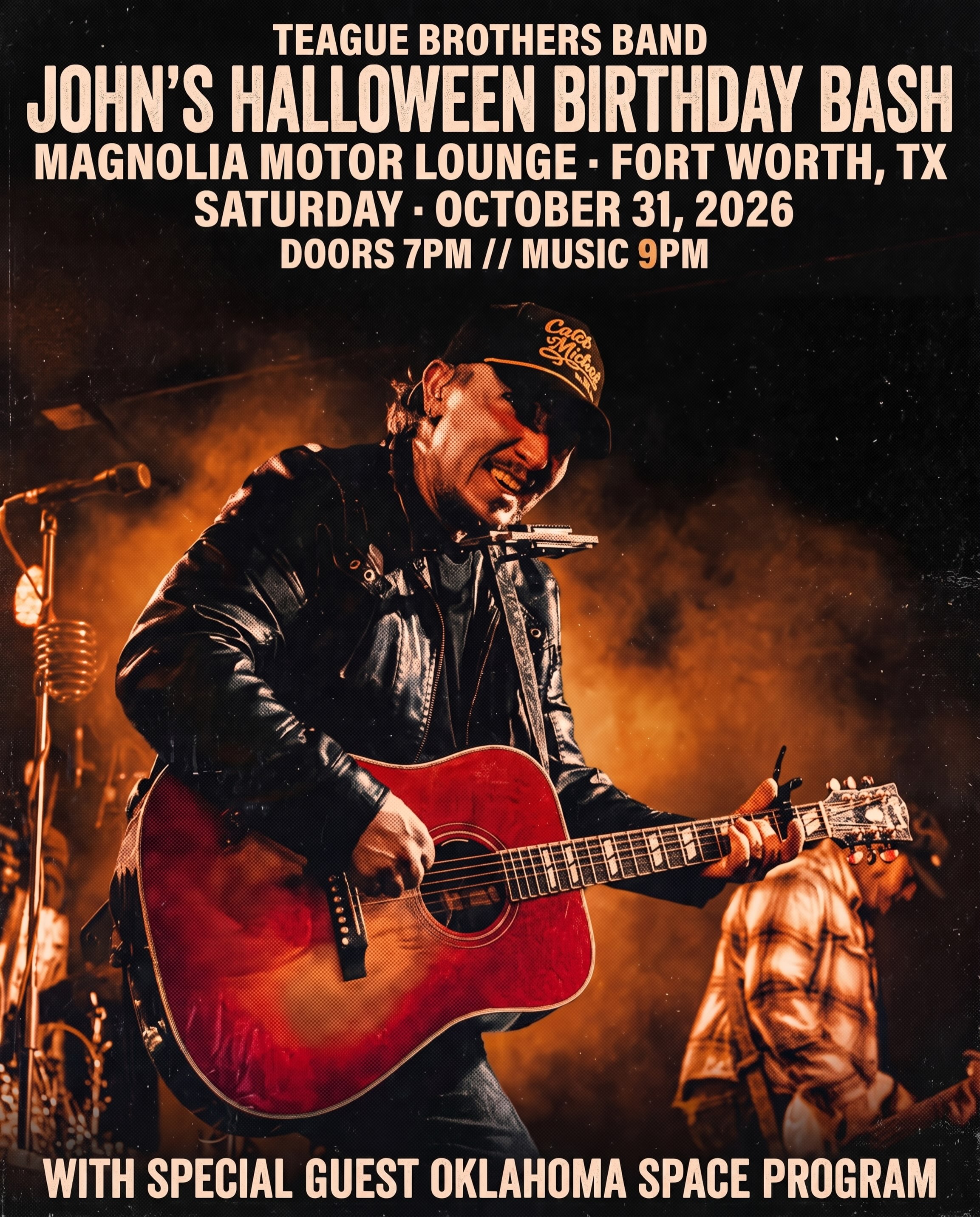 Dont miss John’s Halloween Birthday Bash at Magnolia Motor Lounge October 31st w/ the @teague_brothers_band! @oklahomaspaceprogram will kick the party off around 9:00🤙 Tickets & Table Reservations are available NOW at @outhousetickets or on the #mmlbar website🔥